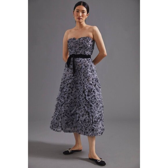Anthropologie Geisha Designs Appliqued Tulle Strapless Midi Dress - Picture 2 of 11
